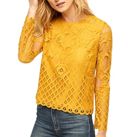 Anthropologie Moulinette Soeurs Lace Crew Neck Long Sleeve Blouse Yellow Medium - Picture 1 of 12